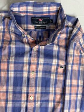 Vineyard Vines Slim Fit Whale Shirt Mens Large Blue Pink Plaid Button Up